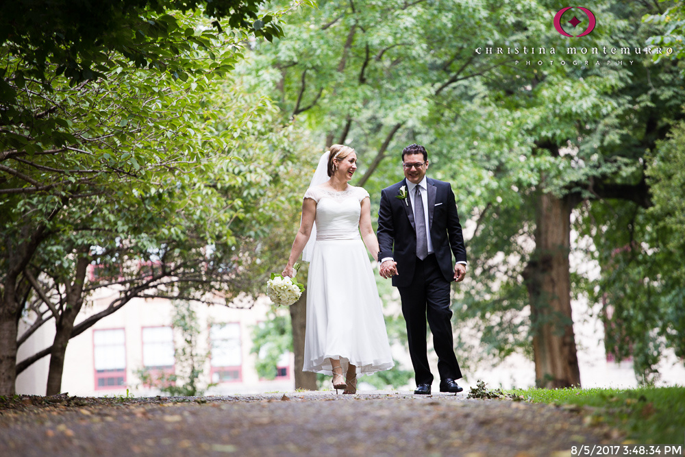 Bride and Groom Walking near the National Aviary in Pittsburgh