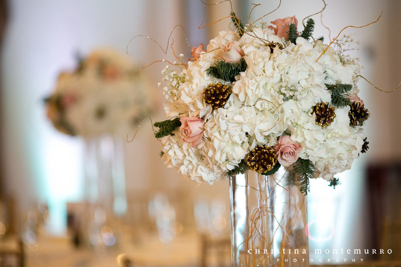 Tall White Hydrangea, Evergreen and Pine Cone Centerpieces at Tw
