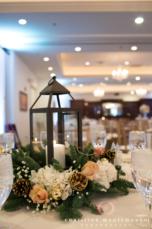 Lantern, Pine Cone and Floral Wedding Reception Centerpieces at Twelve Oaks Mansion Dragonfly Florist Pittsburgh Wedding