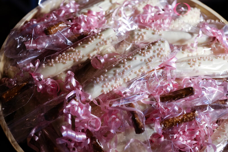 White Chocolate covered pretzels with pink ribbon favorsArmstrong Farms Fieldstone Barn Pittsburgh Wedding Photography