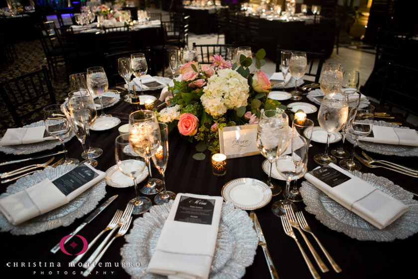 Low Floral Centerpiece Menu Card Black Table Linens The Pennsylvanian Wedding Reception Pittsburgh Wedding Photographer