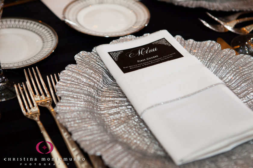 Menu Card Glass Charger Black Table Linens The Pennsylvanian Wedding Reception Pittsburgh Wedding Photographer