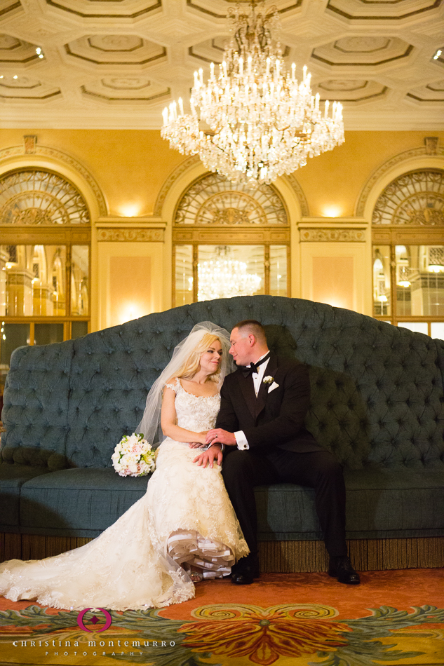 Bride and Groom in the Lobby at the Omni William Penn Urban Room Wedding Photography Pittsburgh Wedding Photographer