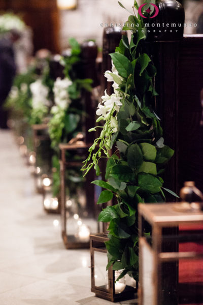 Olive Branches and Lanterns Aisle Pew Decorations First Presbyterian Church Pittsburgh Wedding Photography