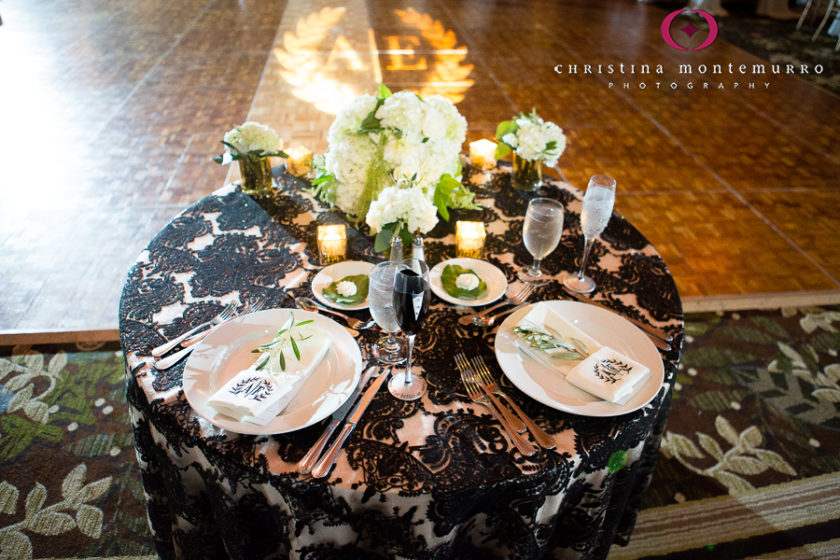 Sweetheart Table Black and White Floral Linen Overlay Olive Branches Monogrammed Wedding Napkin Candles White Hydrangeas Omni William Penn Urban Room Pittsburgh Wedding Photography