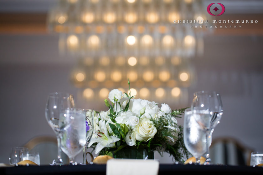 Kimpton Hotel Monaco Pittsburgh Wedding Photos Sheffield Ballroom Reception with Black Linens and White Floral Table Centerpieces