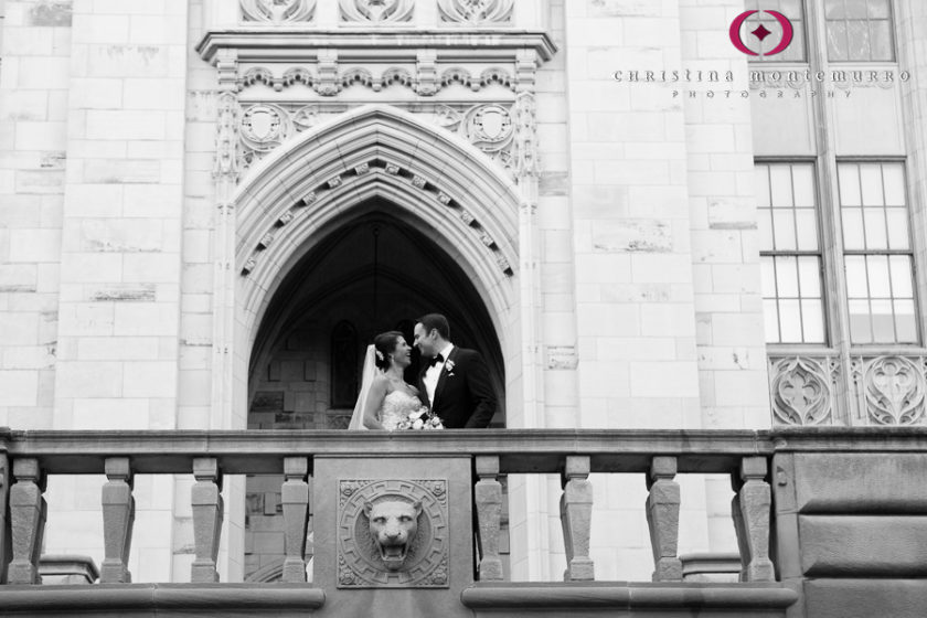 Black and White Photo of Bride and Groom at University of Pittsburgh Cathedral of Learning Wedding