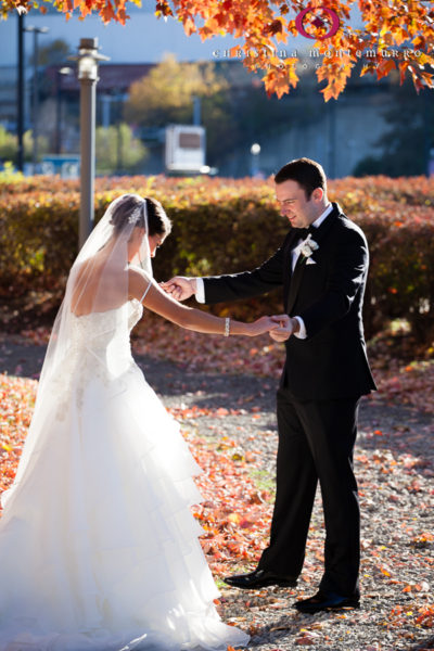Bride and Groom First Look with Fall Leaves