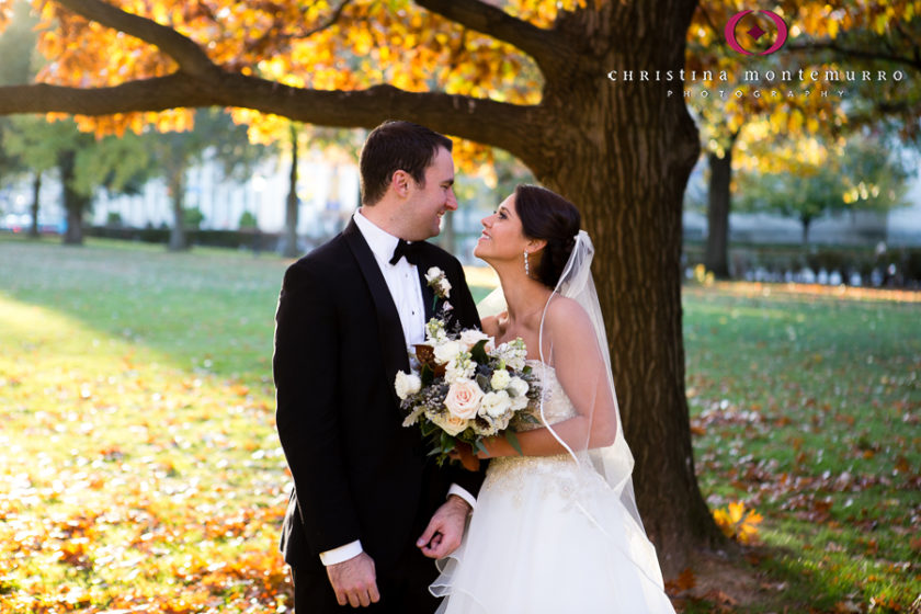 Bride and Groom in November at Heinz Chapel Lawn University of Pittsburgh
