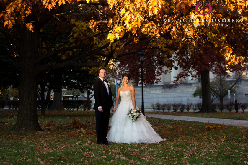 Bride and Groom in November at Heinz Chapel Lawn University of Pittsburgh