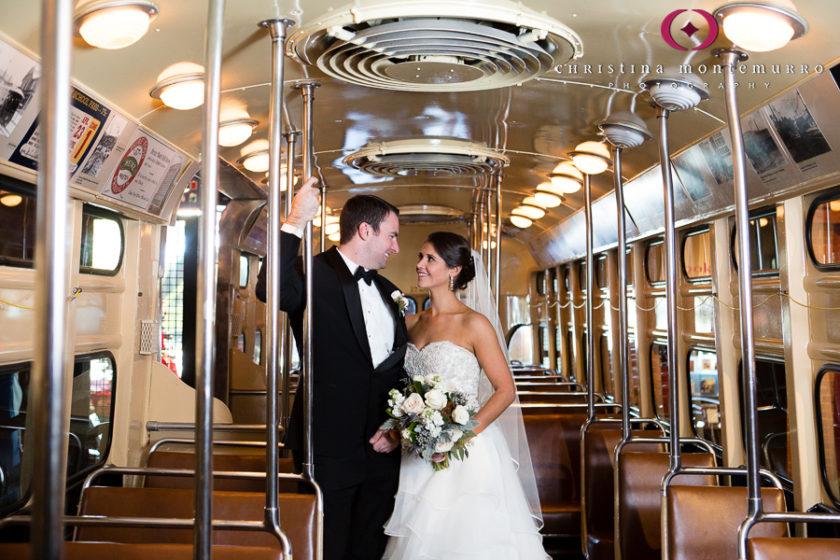 Bride and Groom in Trolley at Heinz History Center Pittsburgh Wedding
