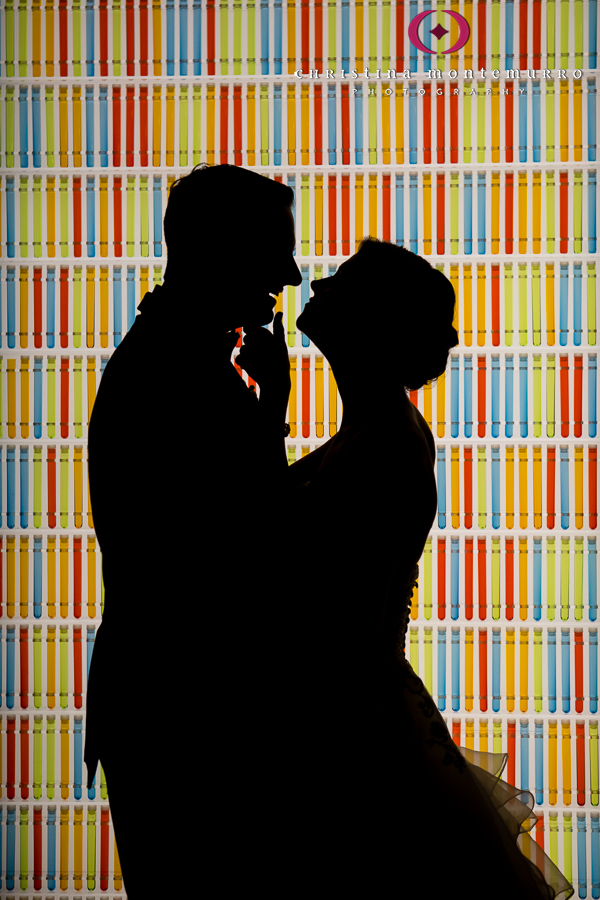 Bride and Groom Silhouette in front of Bright Color Wall at Heinz History Center Exhibit Pittsburgh Wedding Photography