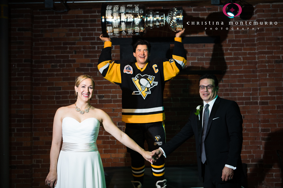 Bride and Groom with Mario Lemieux Statue and Stanley Cup atHeinz History Center Pittsburgh