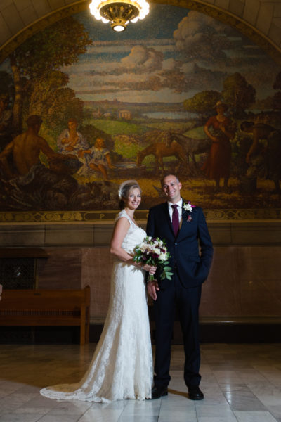Bride and Groom in front of a Coloful Pastoral Mural at the Allegheny County Courthouse