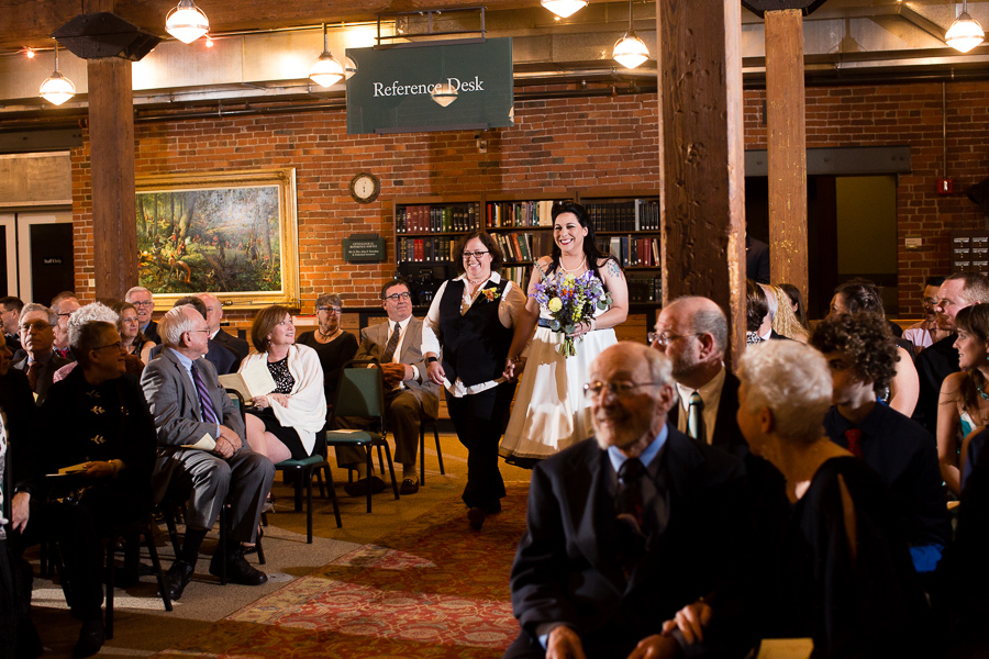 Brides Walking into their Ceremony at the Heinz History Center Library & Archives Room