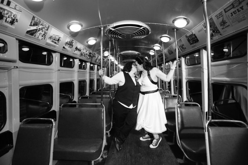 Two Brides Kissing in the Trolley at the Heinz History Center