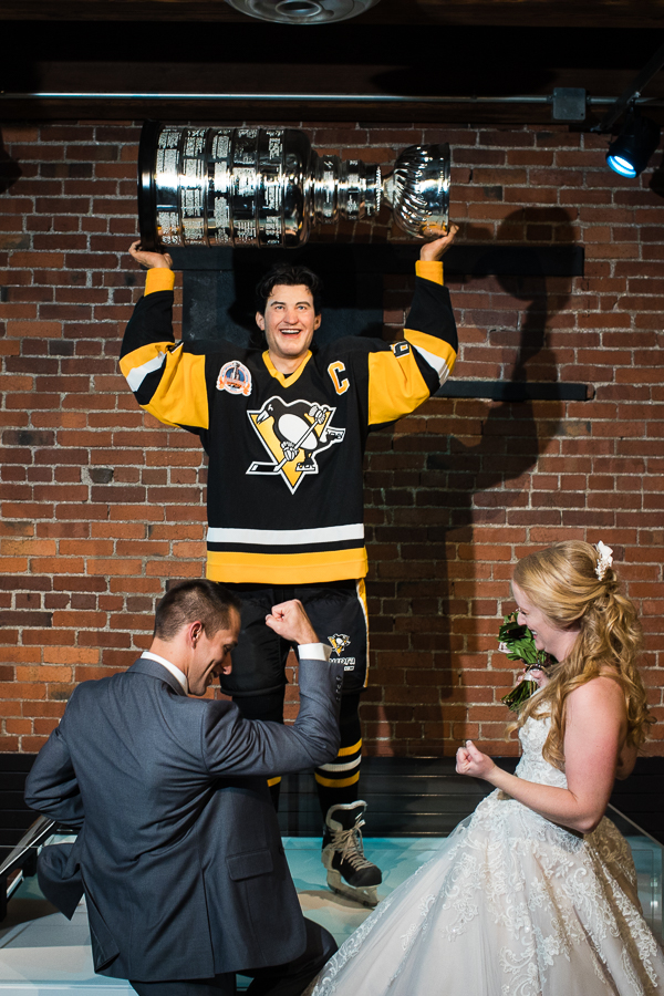 Bride and Groom Celebrate at Mario Lemieux and Stanley Cup Statues