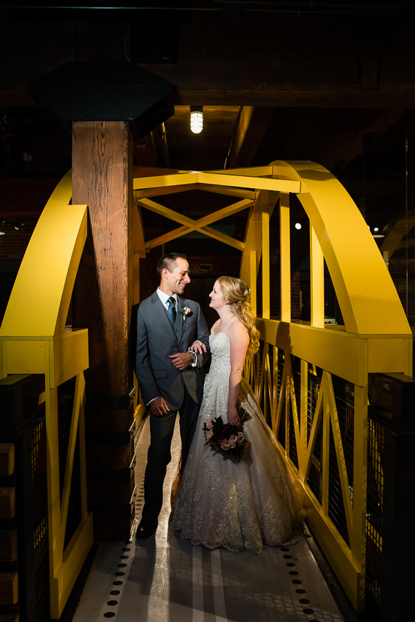 Bride and Groom on Yellow Bridge at Heinz History Center Wedding