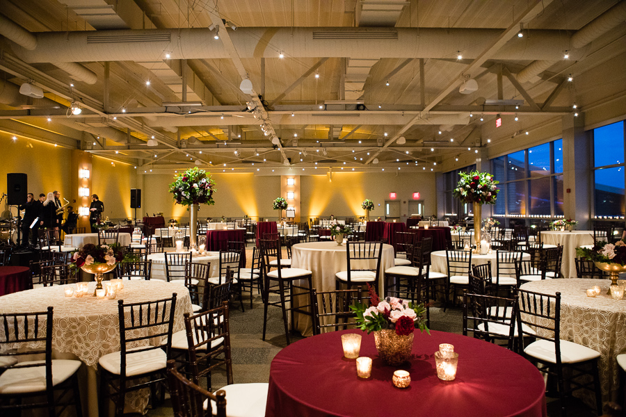 Cocktail Style Reception in Heinz History Center Mueller Center with Ivory and Deep Red Linens