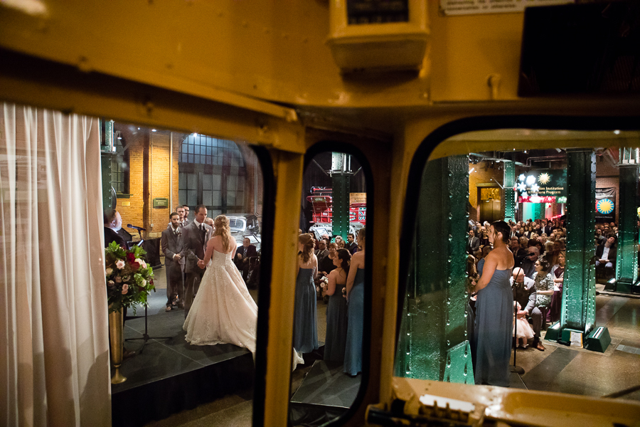 Looking out of the Trolley at Wedding Ceremony with White Drape in the Heinz History Center Great Hall