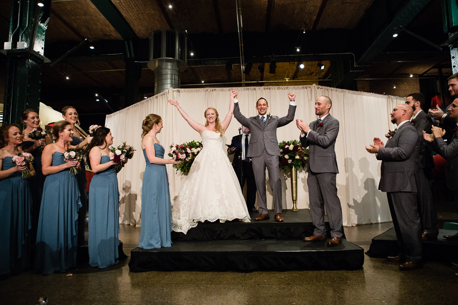 Just Married Couple Celebrates at the End of their Ceremony in Heinz History Center Great Hall