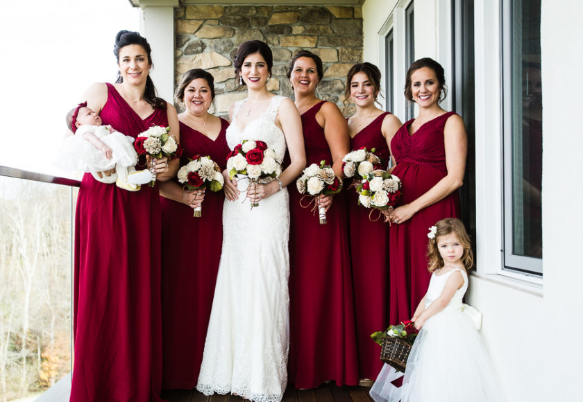 Bride in David Tutera Gown and Bridesmaids in Cranberry Christina Wu dresses with DIY bouquets