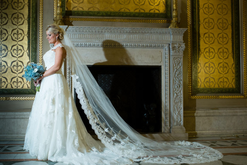 Beautiful Bride in Justin Alexander Gown in Carnegie Museum Founders' Room