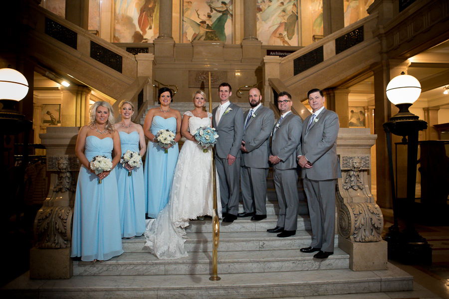 Bridal Party in Light Blue and Gray Suits at the Carnegie Museum Grand Staircase