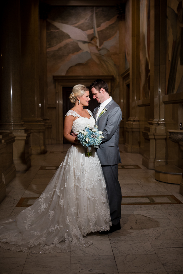 Elegant Bride and Groom at the top of the Carnegie Museum Grand Staircase