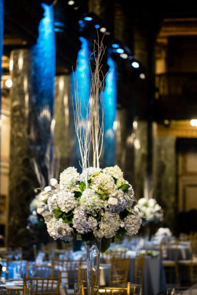 Blue and White Hydrangea Centerpiece for Winter Wedding by Gidas at Carnegie Music Hall Foyer