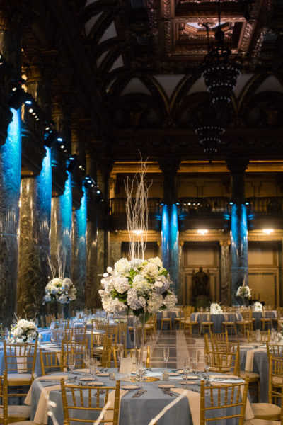 Blue White Winter Wedding with Blue Uplighting Carnegie Music Hall Foyer