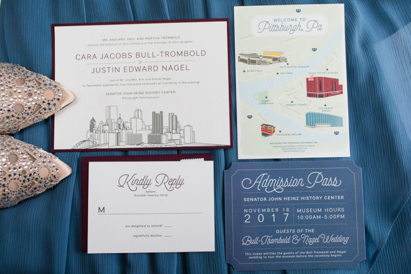 Wedding Invitation Suite with Blue and Burgundy, Pittsburgh Theme, Heinz History Center