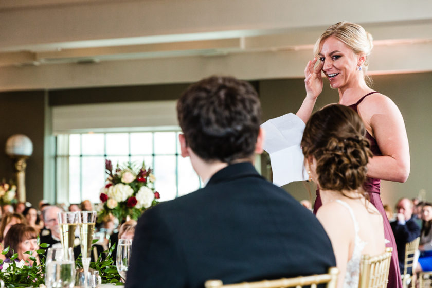 Maid of Honor Wipes a Tear during her Speech at Chestnut Ridge Golf Resort