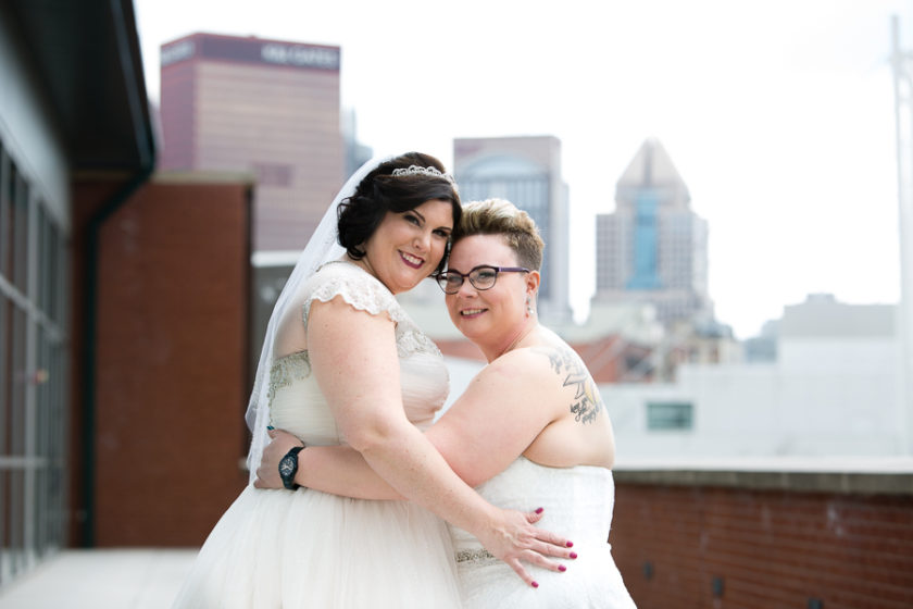 Brides on the 5th floor balcony at the Heinz History Center