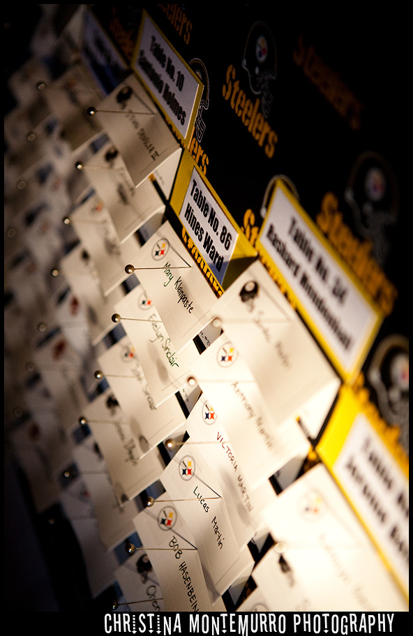 Pittsburgh wedding photographer Steelers table name reception cards