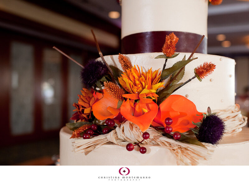 Fall wedding cake with fall flowers and purple ribbon Blooms Florist Bethel Bakery Shayla Hawkins Events