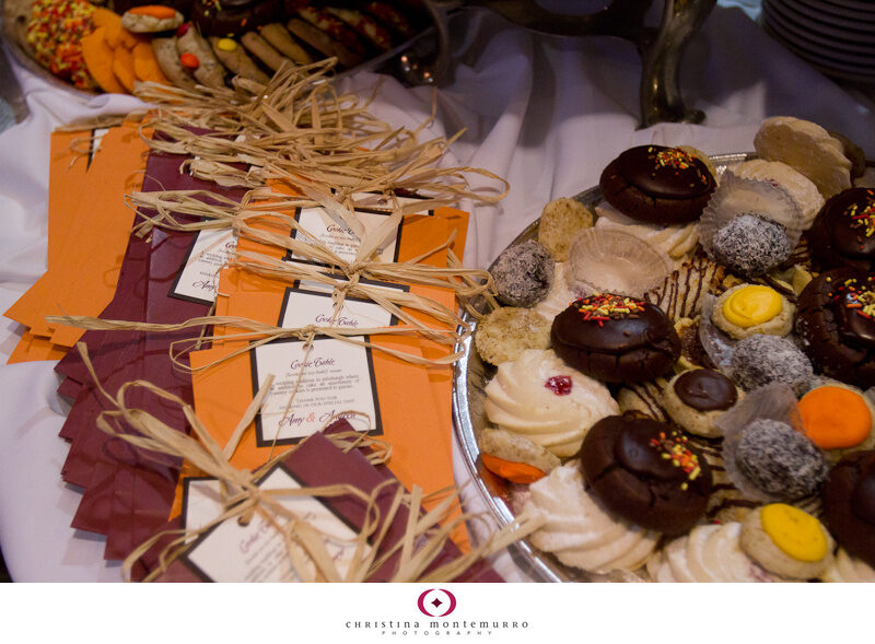 Fall wedding cookie table orange and purple personalized cookie bags Bethel Bakery Shayla Hawkins Events