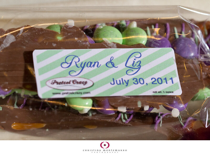 wedding favor purple green chocolate covered pretzel personalized