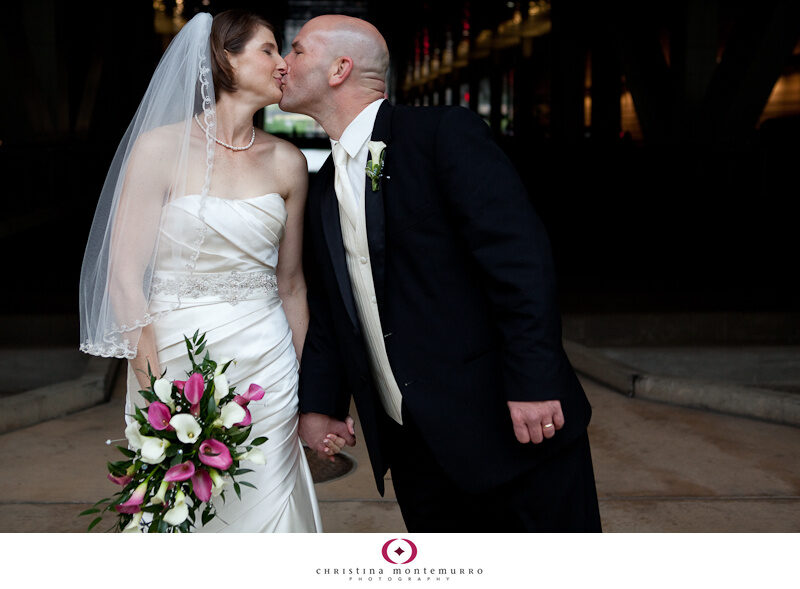 Bride and Groom Wedding Photos Pittsburgh near Convention Center white pink calla lilies cascade bouquet