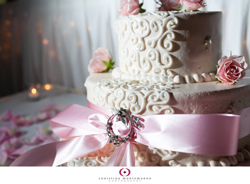 Bridget Sean Pittsburgh Wedding Photographer White Round Tiered Wedding Cake with pink roses pink bow
