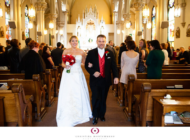 Dana Brad St. Mary of the Mount Pittsburgh Wedding Photography red and white bouquet red vest red boutonniere
