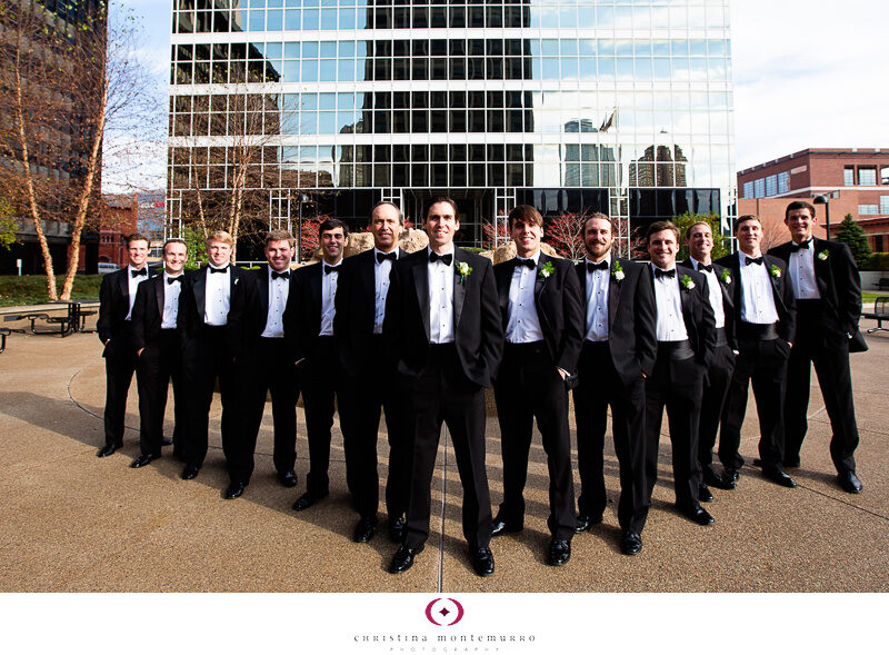 Laura Andrew Chatham Center Groom and Groomsmen big bridal party white and green boutonnieres Pittsburgh Wedding Photography