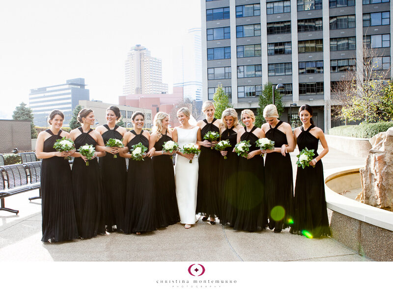 Laura Andrew Chatham Center Bride and Bridesmaids Black Bridesmaid Dresses white and green bouquetsPittsburgh Wedding Photography