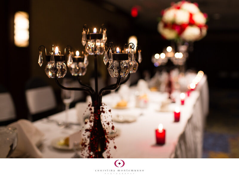 Black White Red Wedding Details - Red Votive Candle Holders, Tall White Hydrangea Centerpiece, Mocha Rose, Sheraton Station Square Pittsburgh
