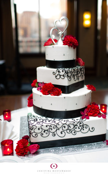 Black White Red Wedding Details black and white wedding cake, heart cake topper, red flower cake toppers Mocha Rose Bethel Bakery Pittsburgh