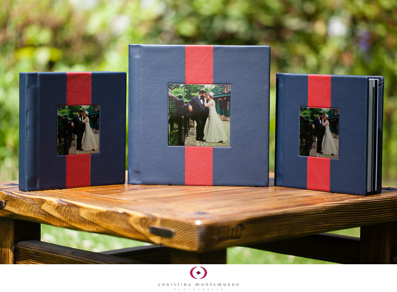 Navy and red wedding albums… with parent albums, too