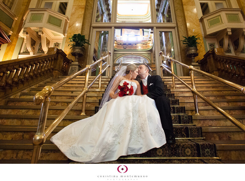 Grand Concourse Staircase Pittsburgh Wedding Photography red bridal bouquet red vest