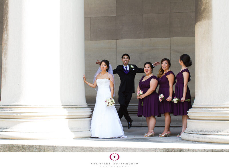 Rachel Chris Bride and Bridesmaids purple bridesmaid dresses casual portrait Mellon Institute Pittsburgh