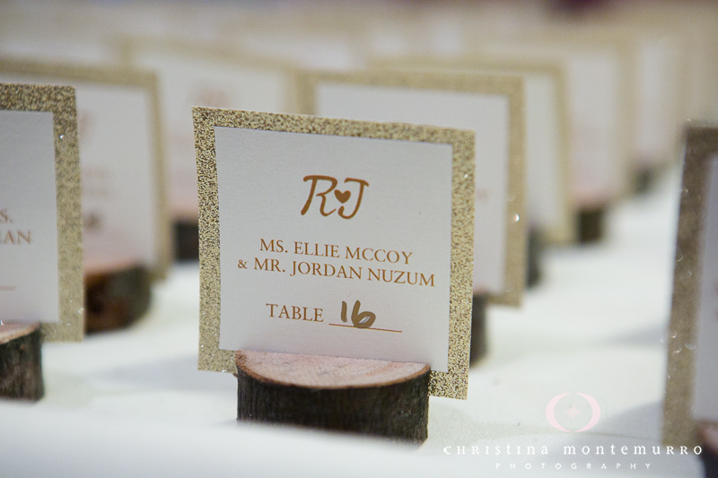 Sparkly Gold Escort Wedding Place Cards on Little Logs