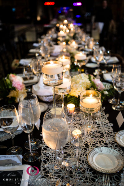 Low Floral Centerpiece Lace Table Runner Black Table Linens The Pennsylvanian Wedding Reception Pittsburgh Wedding Photographer